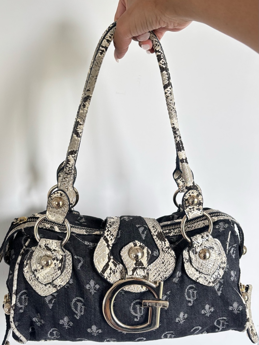 Y2K Guess Black Denim Monogram & Snake-Print Shoulder Bag W/ Matching Wallet